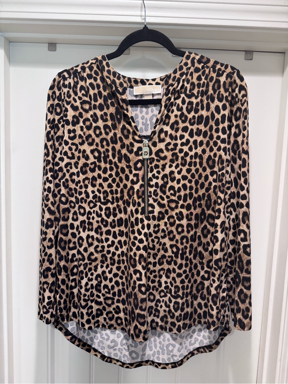Michael Kors Leopard Zip-Front Blouse in Brown and Black